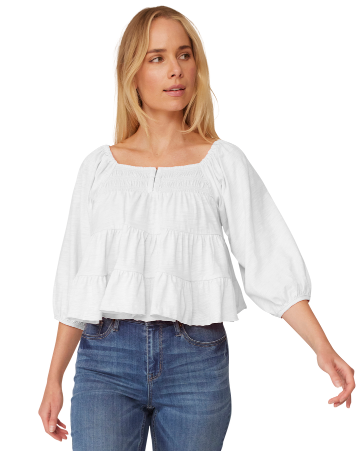 PETALUMA THREE-QUARTER PUFF SLEEVE TIERED TOP